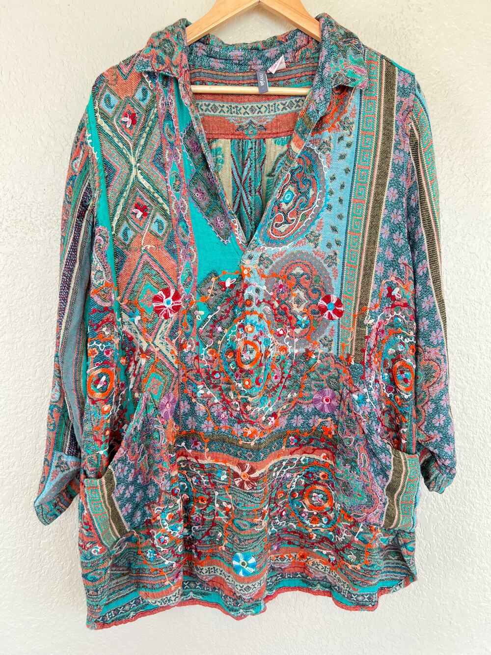 ANU Women's Colorful Knit Tunic Dress Coverup XL Boho Eclectic Embroidered